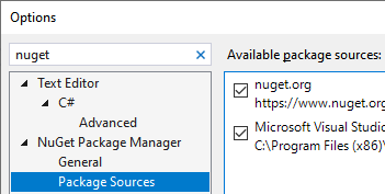 Package Sources Options in Visual Studio